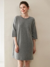 软糯~韩范100%纯山羊绒衫女圆领七分袖中长款慵懒针织打底连衣裙