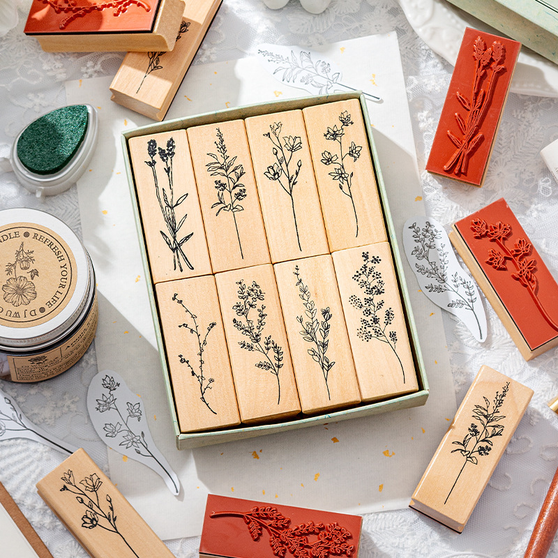 Flores y plantas, sello de caja de madera, flor fresca, flor, sello de decoración, sello de flores transfronterizas