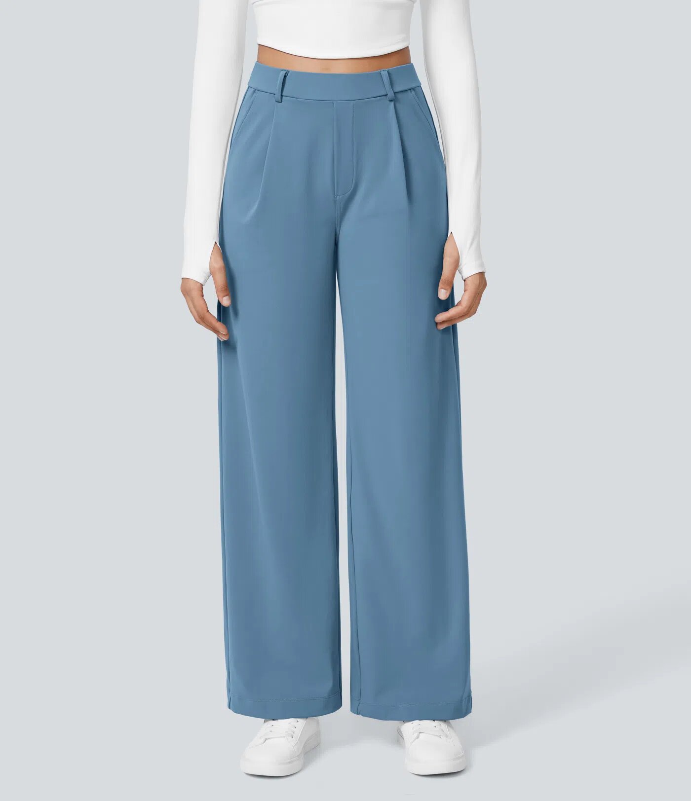 Elegant High-Waisted Straight Leg Pants For Women – Stretchy Office & Casual Trousers, Lightweight Breathable Fabric, Comfort Fit (Light Gray)_ecoleips.com