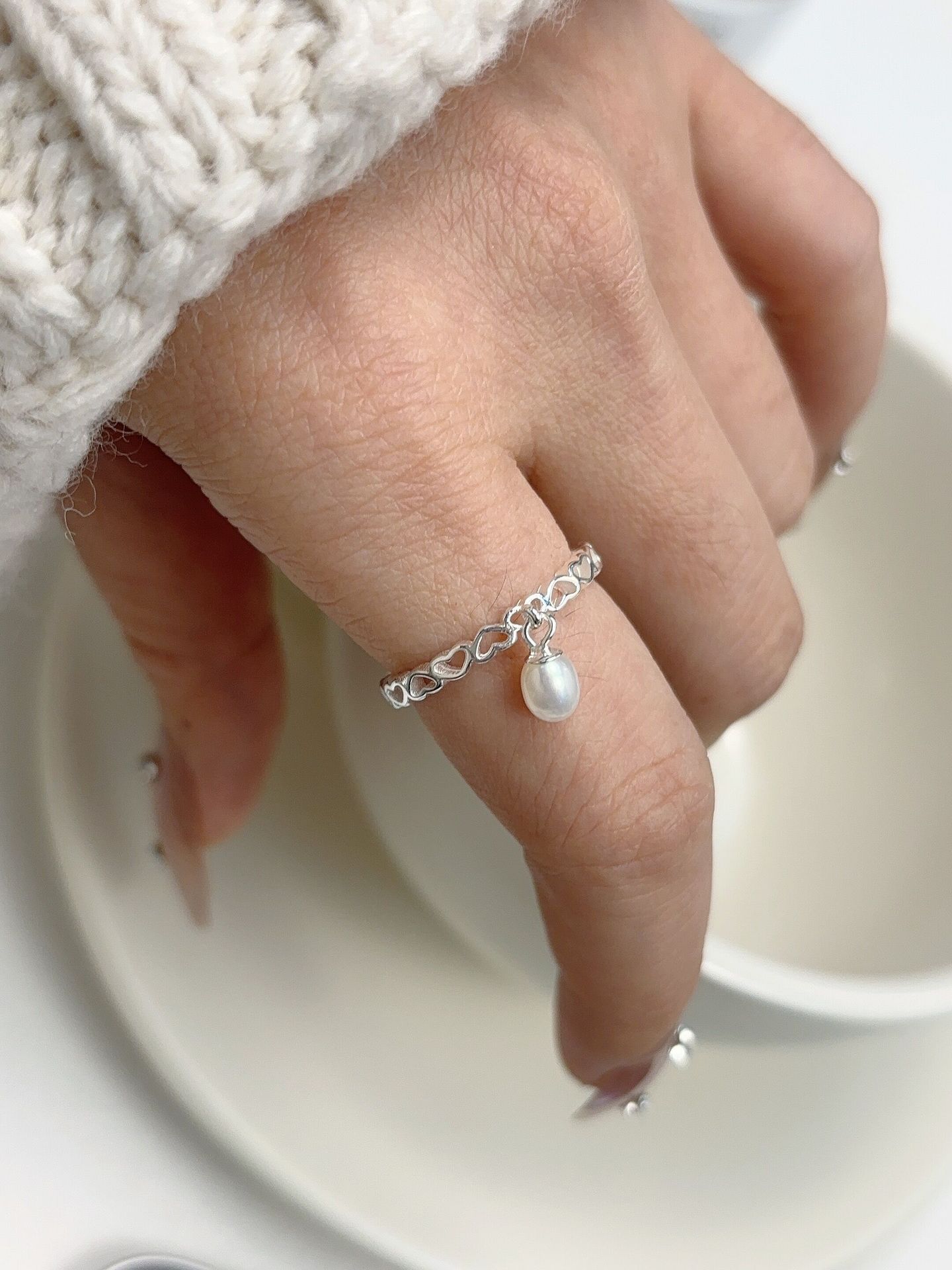 925 Sterling Silver Material 925 Sterling Silver Freshwater Pearl Heart Shape Open Rings