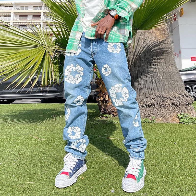 Estilo de celebridad transfronteriza otoño e invierno europeo y americano ins bolsillo lavado pantalones impresos jeans rectos sueltos para hombres