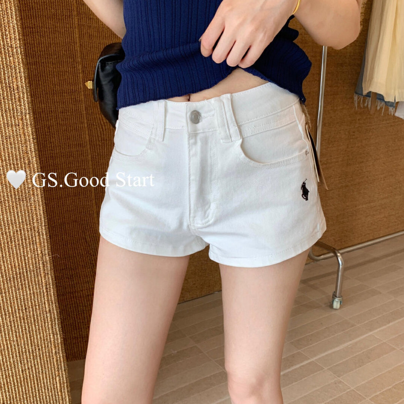 GS.GOOD START 夏万能クラシックロゴ刺繍ハイウエストスリムデニムショートパンツ(ベルト付き) G3018|undefined