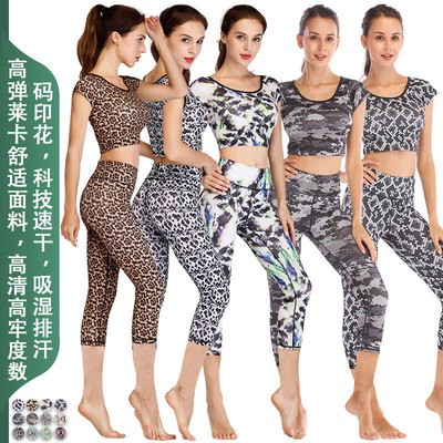 印花料短袖七分裤瑜伽服套装女 欧美韩版运动跑步7分裤健身服套装|ms