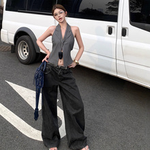 夏日挂脖西装性感露背吊带背心上衣女+宽松擦黑低腰休闲牛仔裤潮