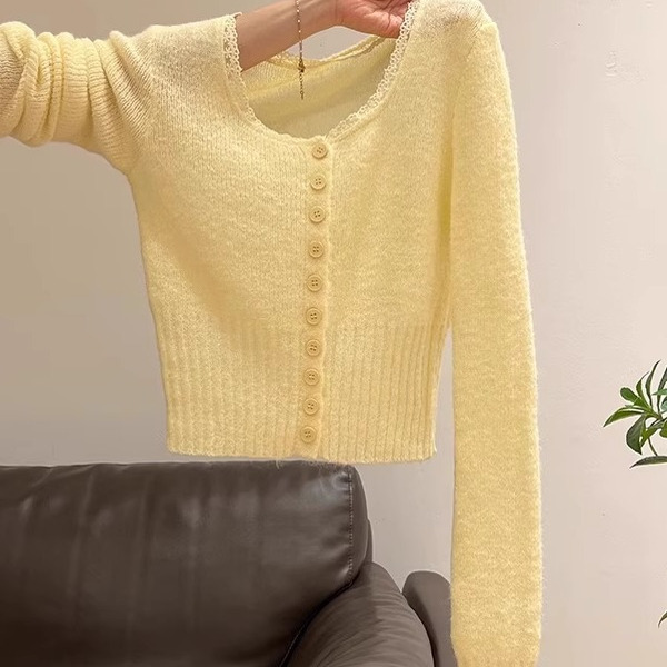 巨显白软糯小香风软糯奶黄色拼接蕾丝花边韩系女款针织衫开衫上衣|undefined