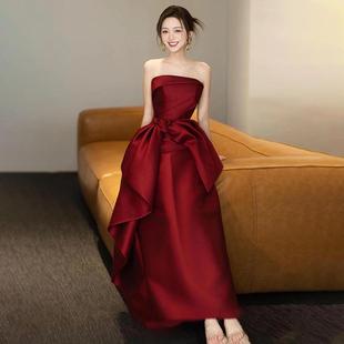 wine red Strapless Toasting Dress Women's 2025 New High-end Engagement Wedding Satin Light Luxury Dress for Small Men