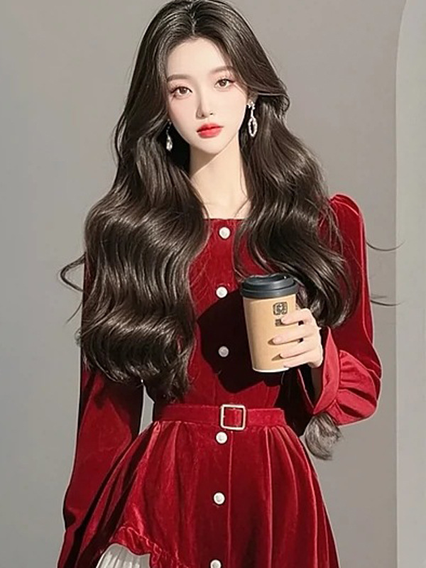 法式拼接红色丝绒连衣裙女2025早秋季女装假两件气质收腰长裙子|undefined