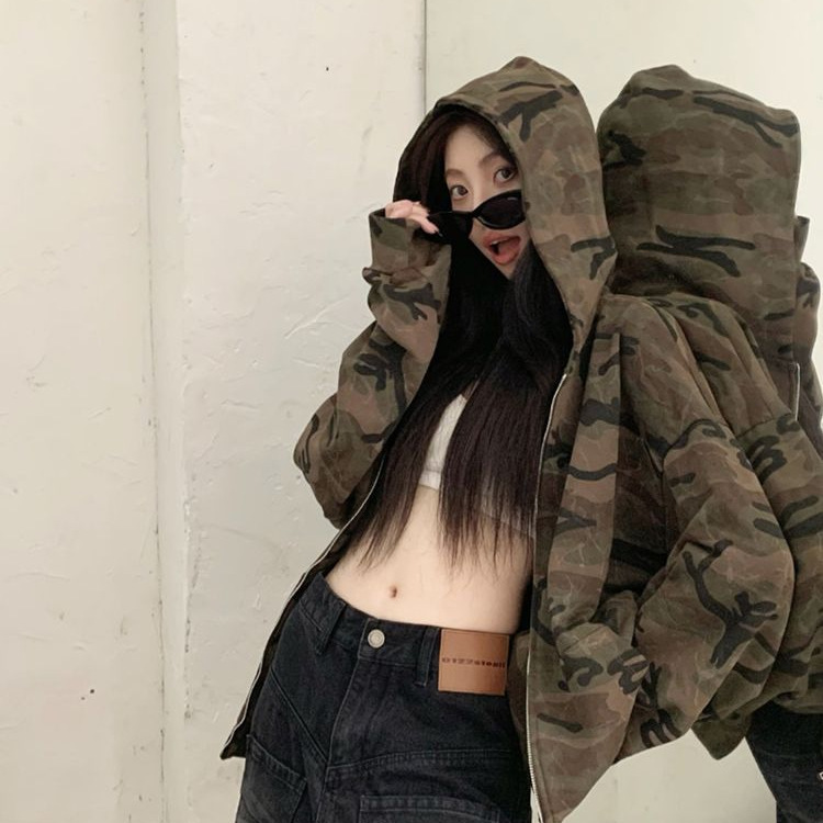 American-style Retro Camouflage Hooded Sweatshirt Coat Women's Autumn Loose Lazy Design Elegant Long-sleeved Zipper Top American-style Retro Camouflage Hooded Sweatshirt Coat Women's Autumn Loose Lazy Design Elegant Long-sleeved Zipper Top