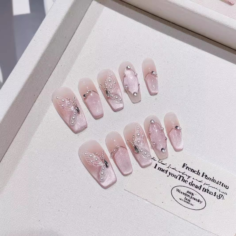 New boutique pure hand-worn armor butterfly cat's eye drill advanced sense French light luxury phototherapy nail art patch wholesale