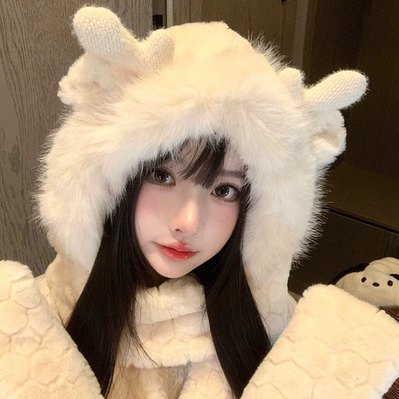 Demi-season cute scarf, velvet keep warm universal hat with hood for students, increased thickness