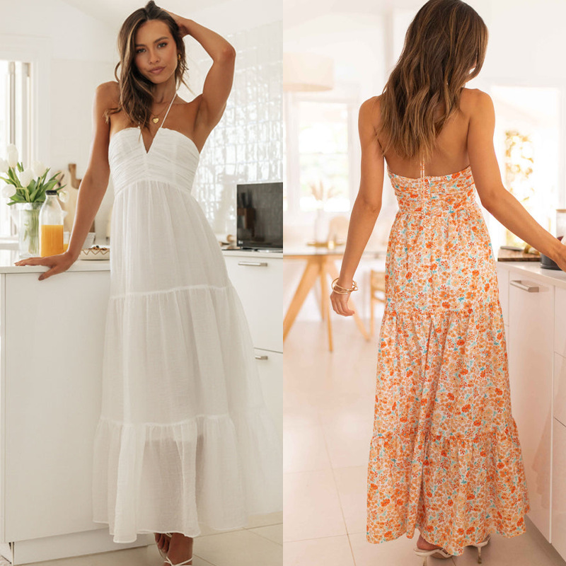 2023 European and American cross-border summer new strap V-neck zipper long stitching jumpsuit dress