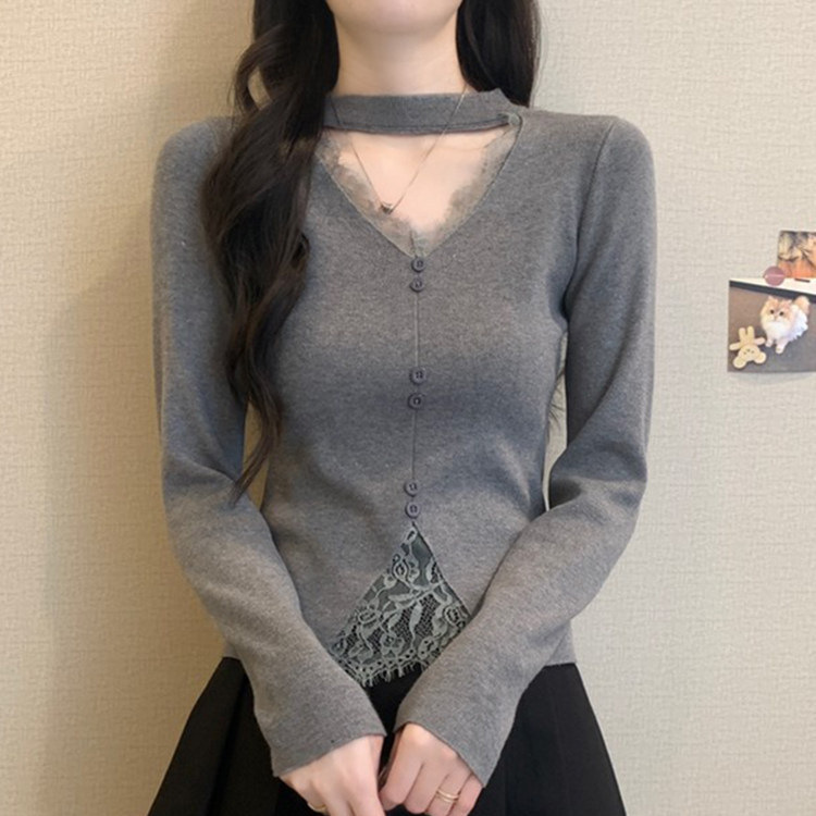 Light Gray Halter V-Neck Base Shirt for Women, 2025 Autumn Fashion, Short Sweater for Layering with Fur, Petite Miu-Style Top Light Gray Halter V-Neck Base Shirt for Women, 2025 Autumn Fashion, Short Sweater for Layering with Fur, Petite Miu-Style Top