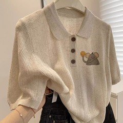 2025 新韓国デザインアイスシルクニットポロシャツ右肩半袖 Tシャツ女性の夏韓国スタイル年齢軽減象