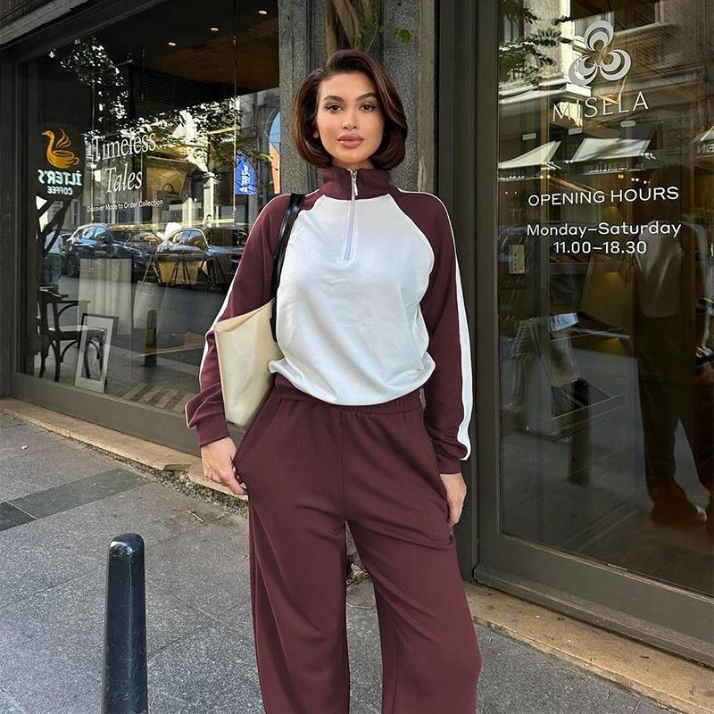 211475 Spring Autumn New Cross-Border European And American Color-Block Long-Sleeve Zipper Sweatshirt Women's Fashion_ecoleips.com
