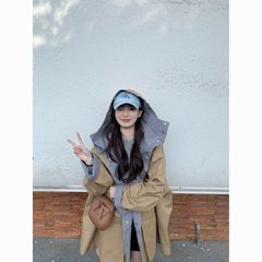 复古英伦风卡其色风衣女春秋新款拼接格子中长款大衣连帽外套韩系