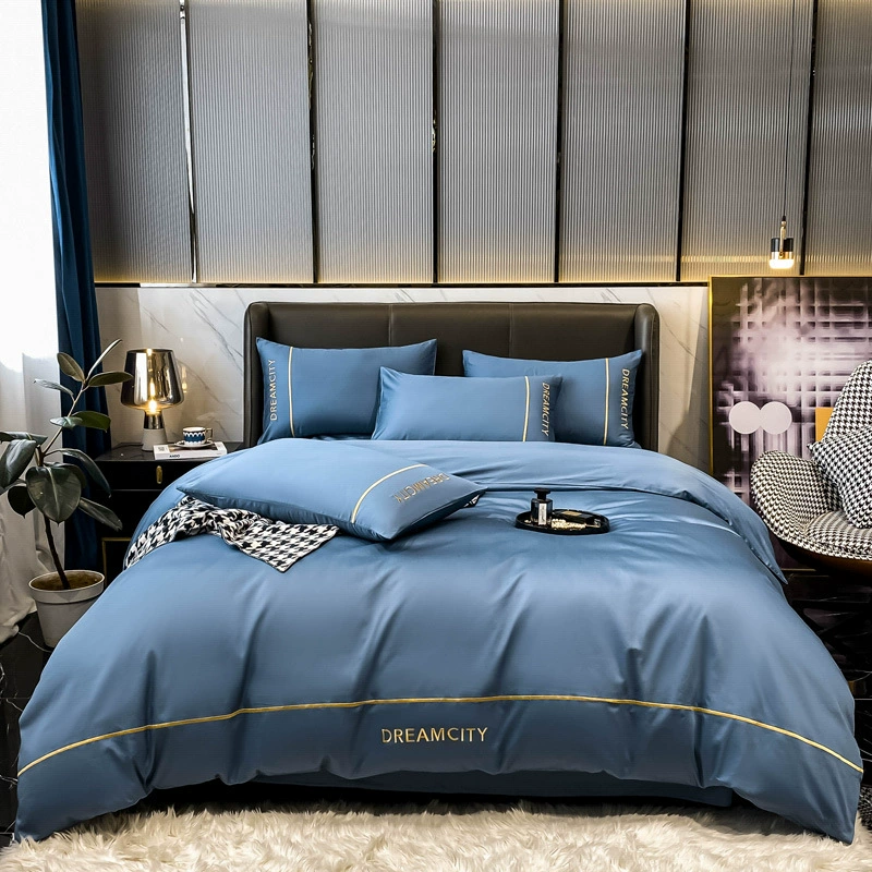 Легкий роскошный хлопковый длинноволокнистый комплект из четырех предметов, класс A, комплект из четырех предметов с вышивкой из чистого хлопка, однотонное простое простыня, постельное белье оптом