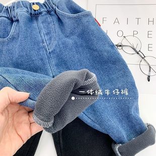 Men's Children's Wear One-piece Velvet Jeans Children's fleece-lined Thickened Pants 2023 New Stretch Pants for Autumn and Winter