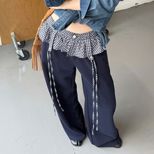 MMFISH时髦街头松紧腰抽绳格子撞色拼接假两件阔腿休闲裤25K511