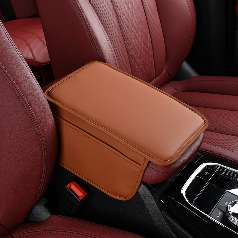 Universal Car: Universal Armrest box pad - plain-single-layer-pocket-style-cayenne-brown
