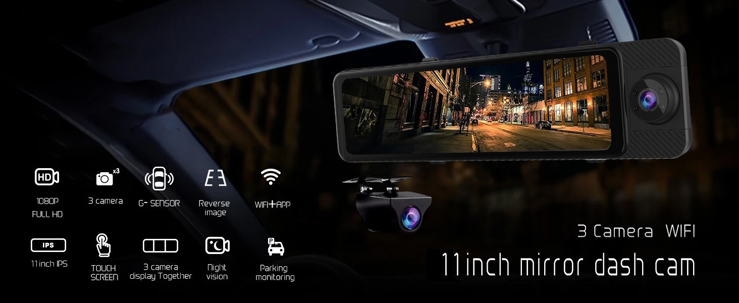 New 11inch HD 4K Bluetooth Wireless Carplay/Android Auto Dual-Lens Dash Cam with WiFi