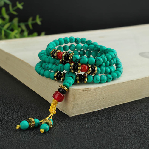 Green Turquoise Bracelet 8mm 108 Beads Rosary String Buddhist Mala Bohemian Style Accessory Necklace Live Stream Decorative Jewelry Wholesale