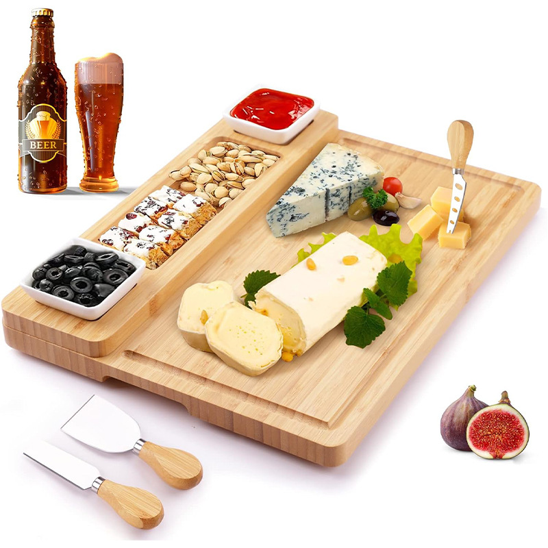 Tablero de queso de bambú con set de cubiertos tablero de platos multifuncional bandeja de queso de madera tablero de queso set tablero de corte de queso