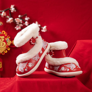 Girls' Snow Boots 2024 Winter New Children's Boots Large Cotton Shoes Women's Baby Plus Velvet Embroidered Hanfu Shoes Antique Shoes