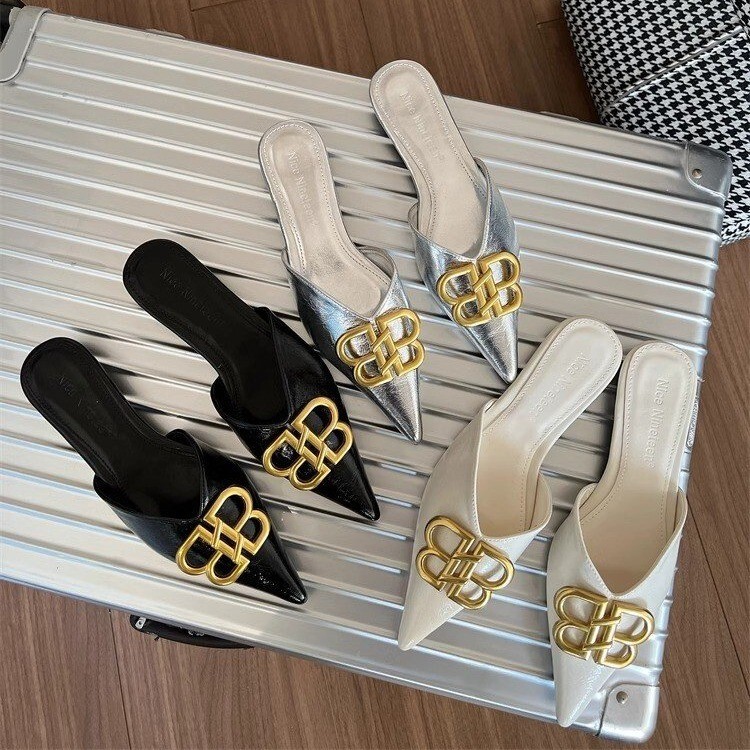 2025 Spring New Slippers Women's Outer Wear Fashion European and American Style Metal Buckle Pointed High Heel Baotou Half Slippers Women's Buckle 2025 Spring New Slippers Women's Outer Wear Fashion European and American Style Metal Buckle Pointed High Heel Baotou Half Slippers Women's Buckle