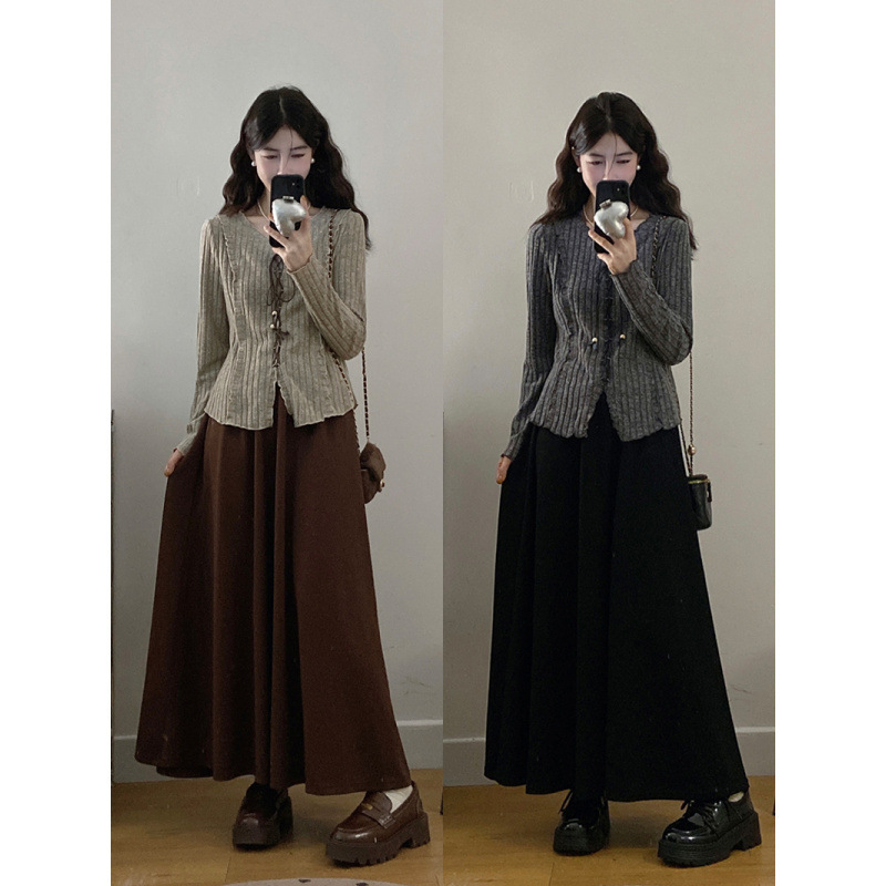 2025秋装新款胖mm大码女甜美坑条针织上衣中长款半身裙套装|undefined