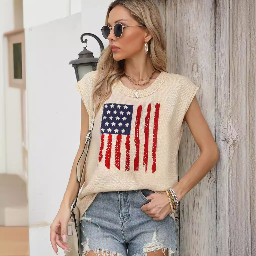 Cross-Border Amazon Hot Selling Independence Day Round Neck Flag Top European and American Solid Color Sweater Casual Short-Sleeved Sweater for Women