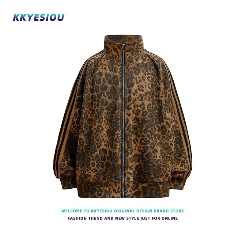 American Retro Trendy Brand All-match Leopard Digital Print Striped Zipper Sports Jacket Jacket for Men and Women