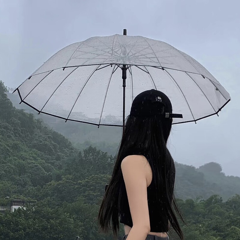 16-Rib Transparent Umbrella with Long Handle, Large Size, Double-Person, Trendy Automatic Umbrella, Sturdy Folding High-Appearance Transparent Umbrella