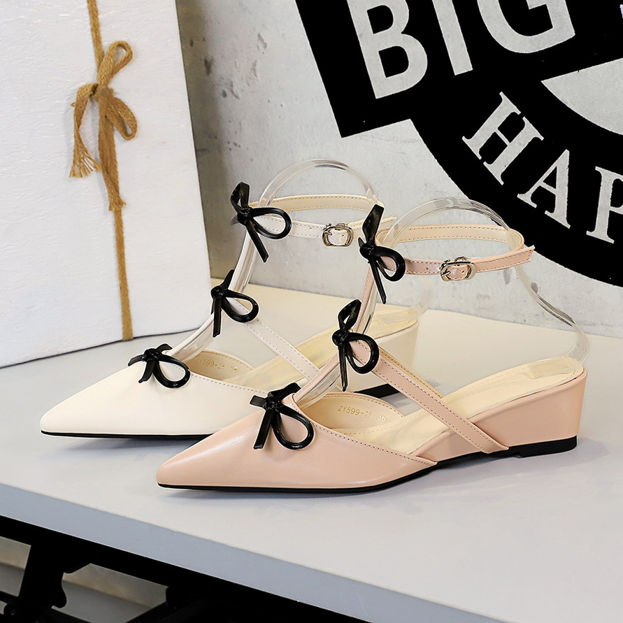 French Style Women's Pointed Toe Bowknot Wedge Heeled Slippers_voghion.com