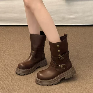 美拉德棕色靴子厚底黑色短靴女款2025新款秋复古女鞋英伦风马丁靴
