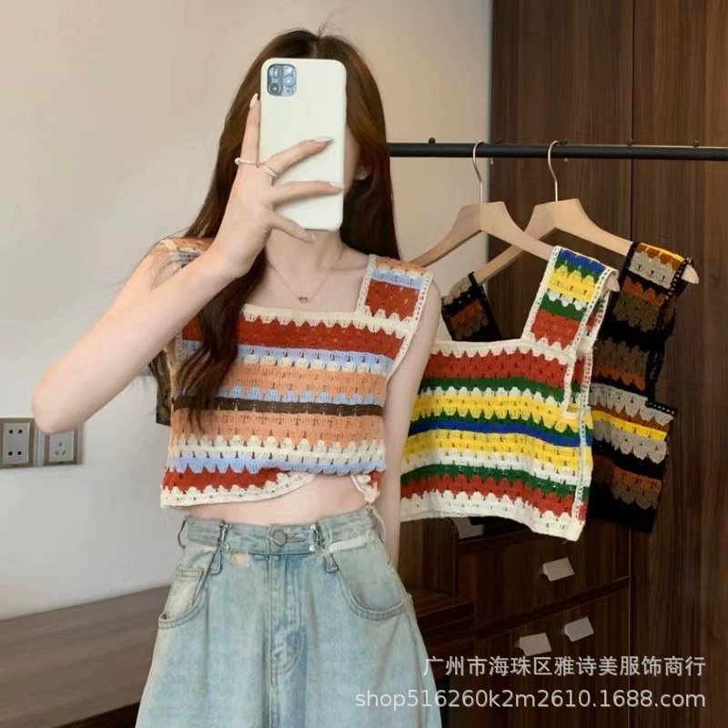 Ретро цветной полосатый ультра-нишный дизайн трикотажный камзоловый жилет женский короткий стиль без рукавов