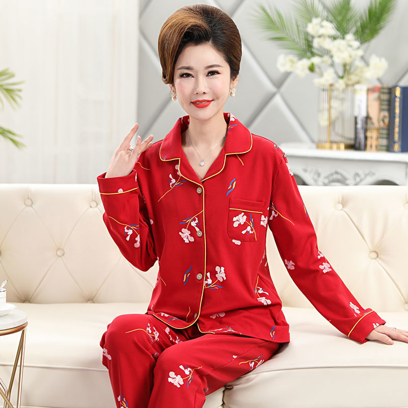 Pijamas de algodón 100% de manga larga para mujeres para madres de mediana edad primavera y otoño rojo más tamaño cardigan ropa para el hogar para el año de nacimiento
