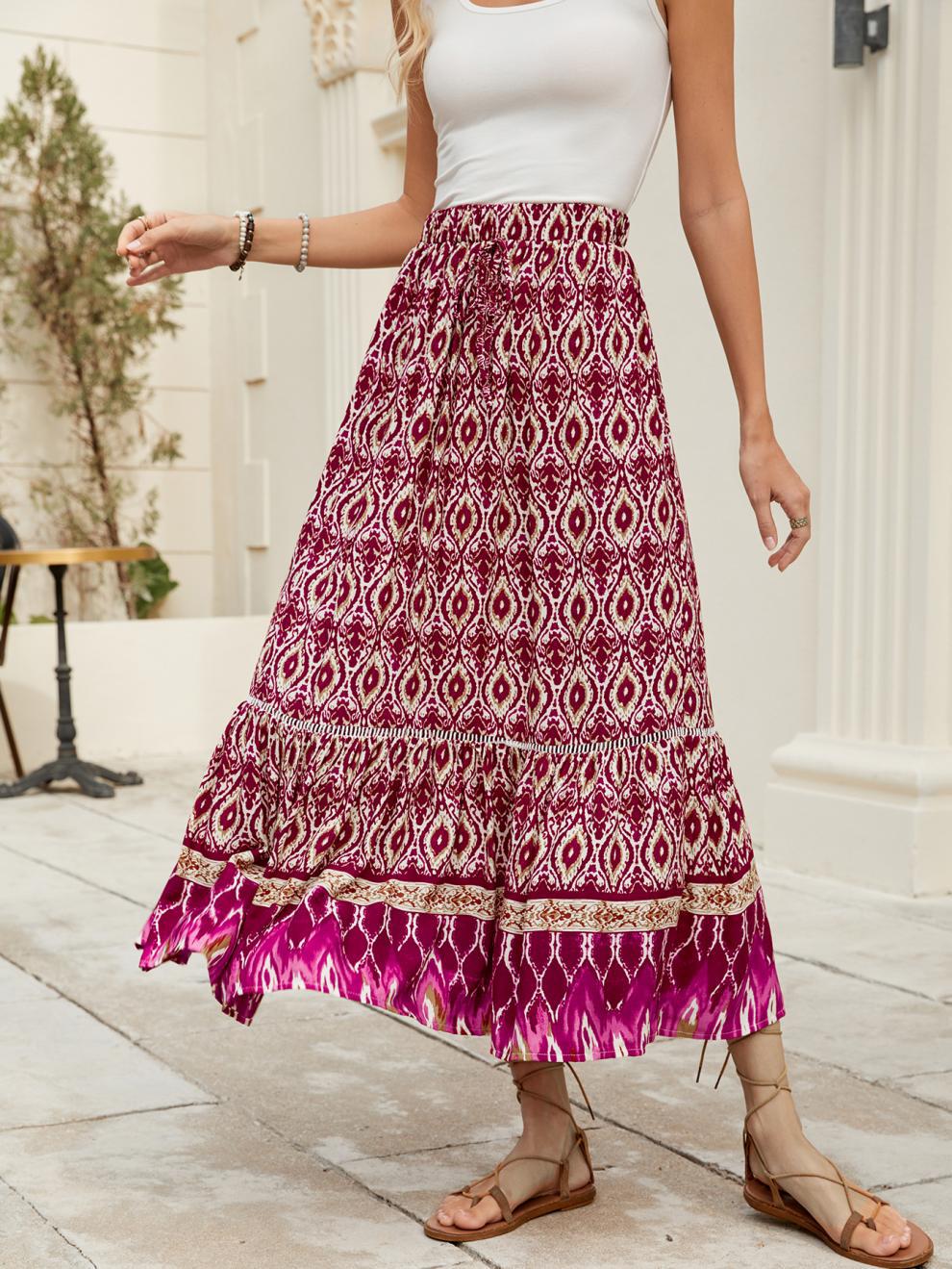 Bohemian European American Style Rayon Printed A-line Midi Skirt Vacation, Beach, And Seaside, With A Large Hemline For_ecoleips.com
