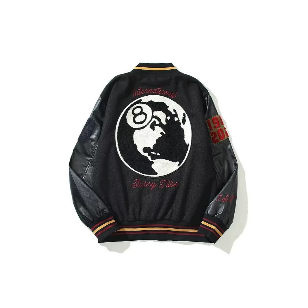 春秋欧美高街男女夹克地球刺绣情侣装宽松棒球服潮牌外套机车服黑