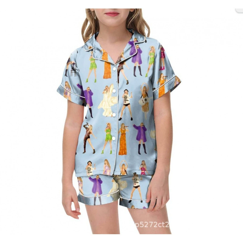 Летний комплект пижамы с европейским и американским принтом, повседневный домашний стиль, 2025 год, трансграничная торговля, лацканы, PODyjqd, запуск в один клик