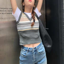 无袖条纹撞色针织衫背心女夏修身显瘦条纹v领美式马甲显瘦上衣