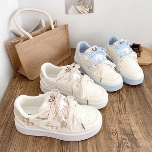 College Style Bread Shoes 2025 Autum New Plaid Double Shoelaces Thick-Soled Sneakers Fashionable Versatile Casual Shoes for Women