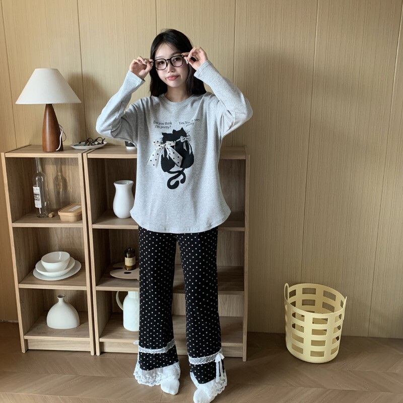 Pajamas Women Autumn and Winter New Lace Cute Couple Kitty Cotton Long Sleeve Trousers Outwear suit Home Clothes Women Pajamas Women Autumn and Winter New Lace Cute Couple Kitty Cotton Long Sleeve Trousers Outwear suit Home Clothes Women