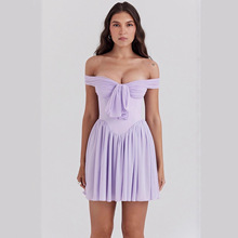 国际站高端欧美外贸女装工厂直销时尚性感一字领挂肩蝴蝶结连衣裙