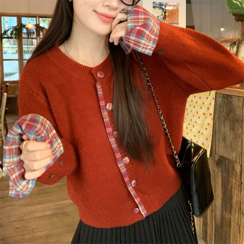 拼接格子假两件毛衣开衫女2025秋冬新款圆领韩系百搭针织上衣女潮|undefined
