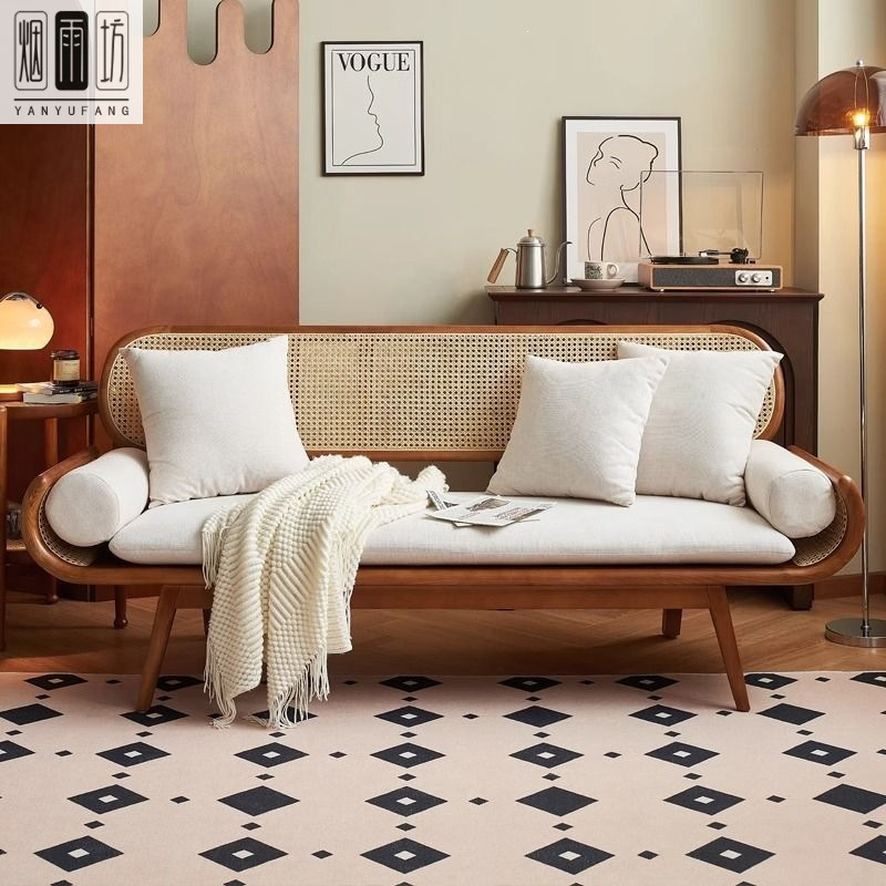 Modern minimalist style sofa, solid wood and rattan, Nordic double sofa, creative design for living room, light luxury natural wood sofa for rental apartments