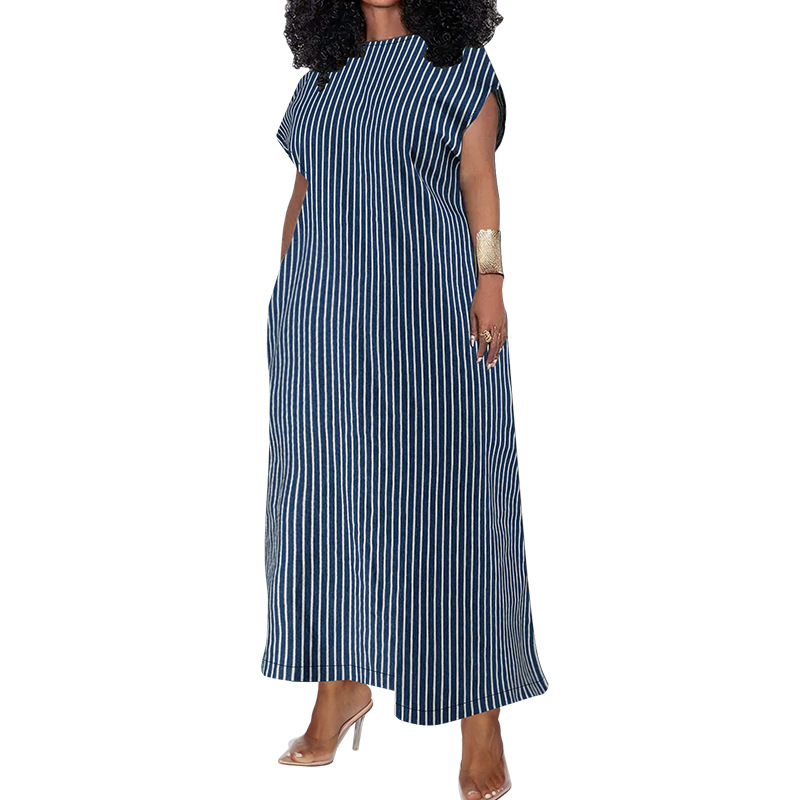 Plus Size Women's Clothing Denim Long Dress Sleeveless Round Neck Striped Pattern_ecoleips.com