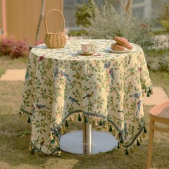 Yiyi Qiyun ジャカードテーブルクロス緑の花と鳥屋外キャンプピクニックマットタッセルコーヒーテーブルカバーベッドサイドテーブル装飾