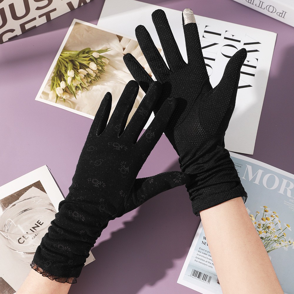 Guantes de protección solar para mujer en verano, protección UV, longitud extendida, hilo de algodón, para conducir y andar en bicicleta, pantalla táctil, antideslizantes, guantes finos de encaje