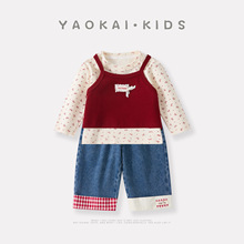 2025秋季新款婴幼儿针织吊带套装女宝宝洋气背心打底牛仔裤三件套