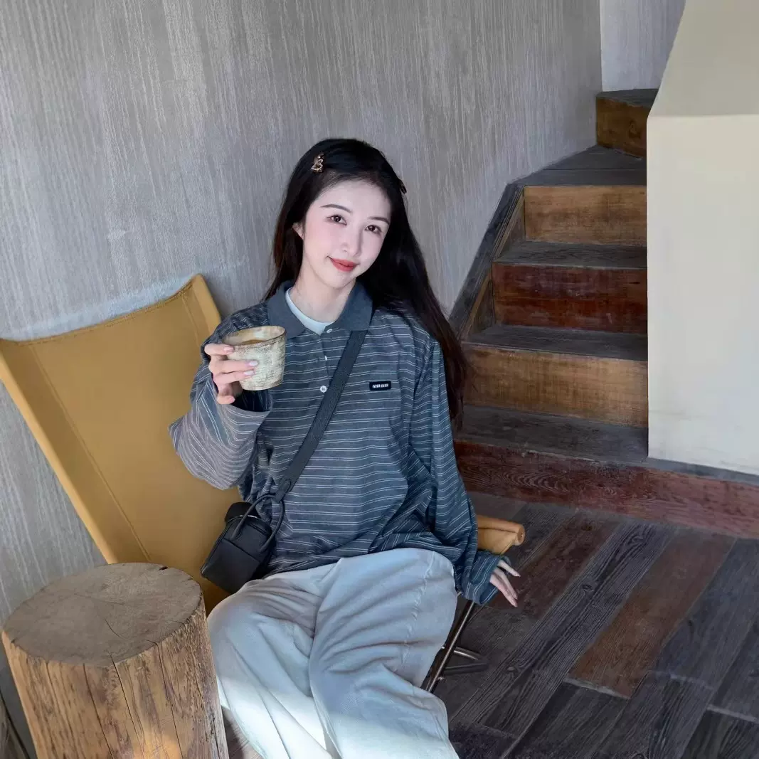 即墨现货高版本明星同款灰白条纹翻领POLO衫女长袖早春情侣打底衫